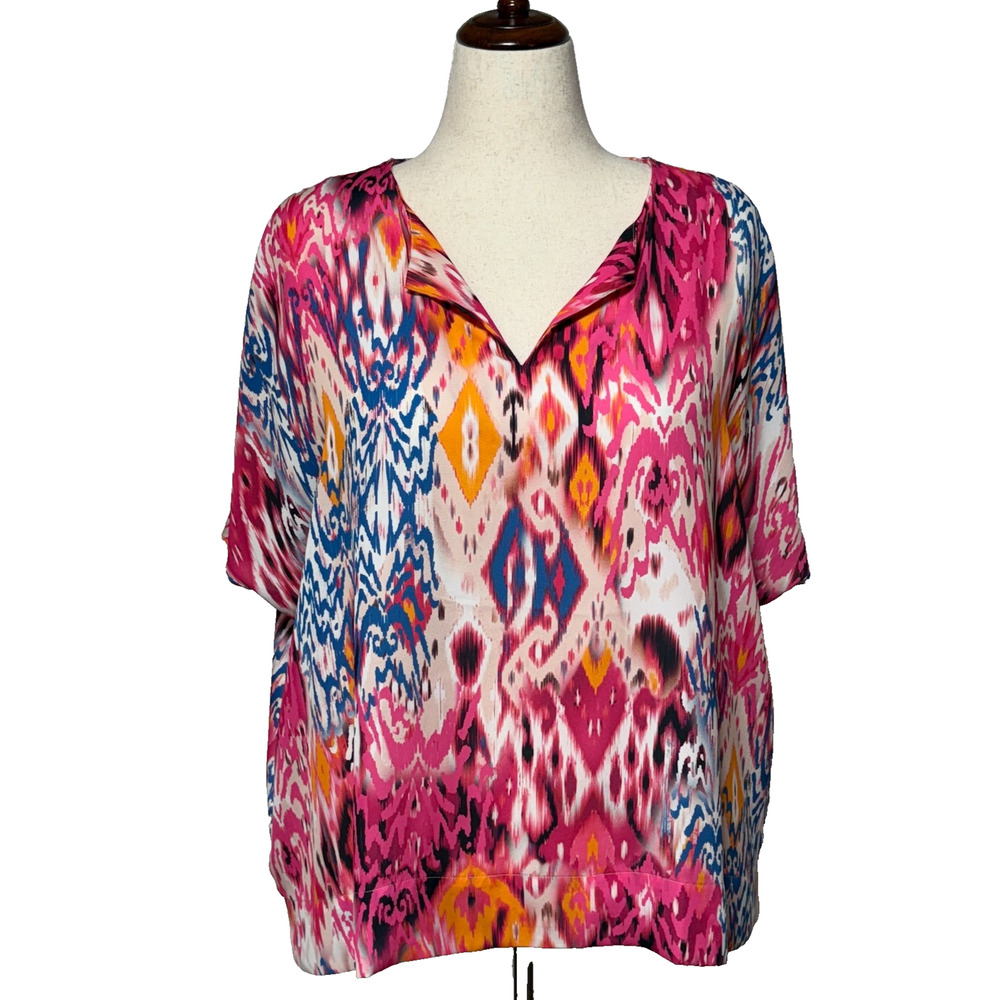 Chicos Top Womens Large 2 Blue Pink Colorful Ikat Print Oversized Split V Neck